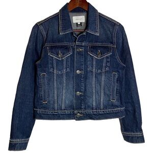Current/Elliott Baby Trucker Jacket Denim Distressed Dark Blue Wash Cropped 2